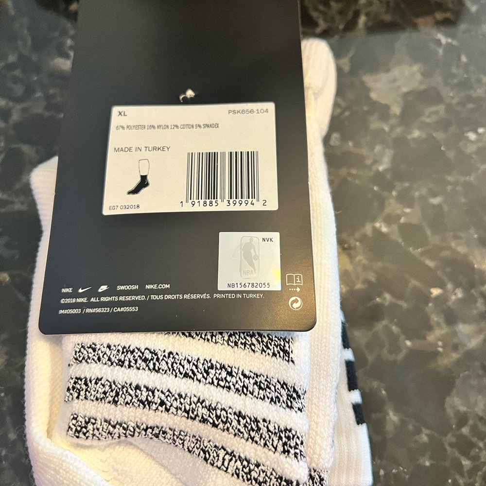Nike NBA Men's XL Athletic Socks - White with Black Stripes